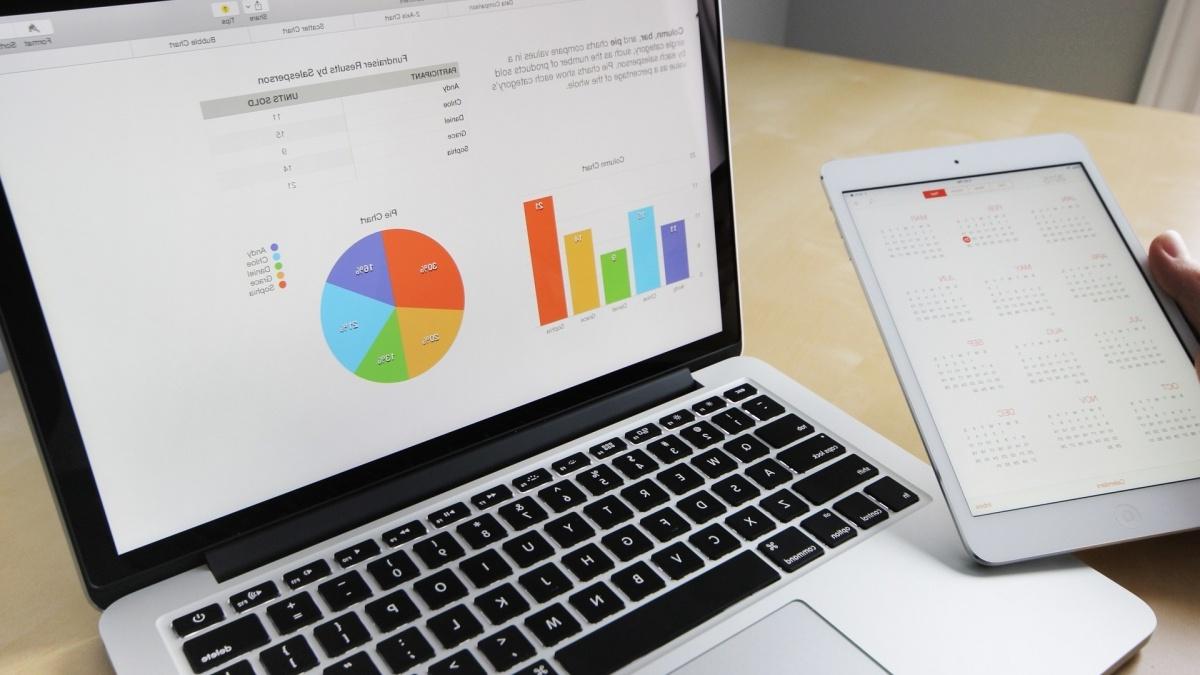 Computer displaying bar graph and pie chart